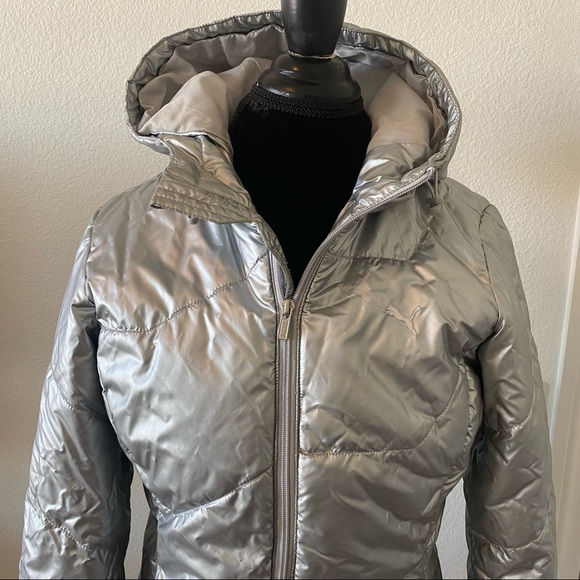 Puma Hooded Puffer Jacket Size Medium Silver - Picture 4 of 16
